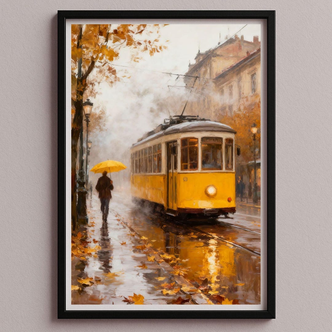 Yellow Tram in Autumn Rain – Wall Art Poster Picture – Oil Painting ...