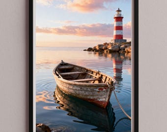 Boat and Lighthouse calming coastal wall art picture poster in warm evening light for serene home decor – printable art print JPG – sze-106