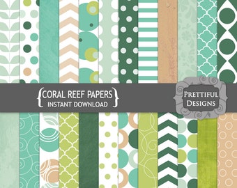 Teal Pink and Green Digital Pattern Backgrounds - Coral Reef