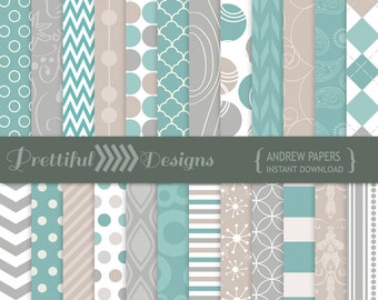 Turquoise Digital Paper Gray, Taupe Backgrounds - Personal and Commercial Use - Andrew