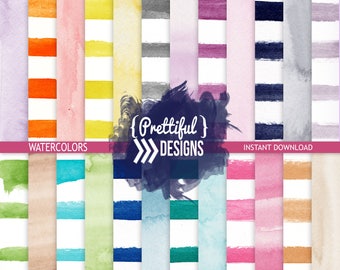 Watercolor Stripes and Solids Digital Papers, Hand Painted Digital Scrapbook Paper