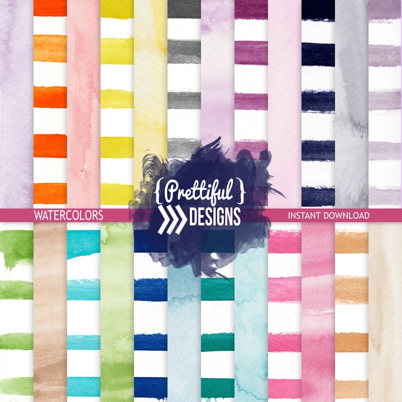 Watercolor Stripes and Solids Digital Papers, Hand Painted Digital Scrapbook Paper image 1