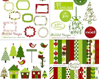 Christmas Digital Scrapbook Kit with Papers, Frames, and Clip Art - Mistletoe Kit 1