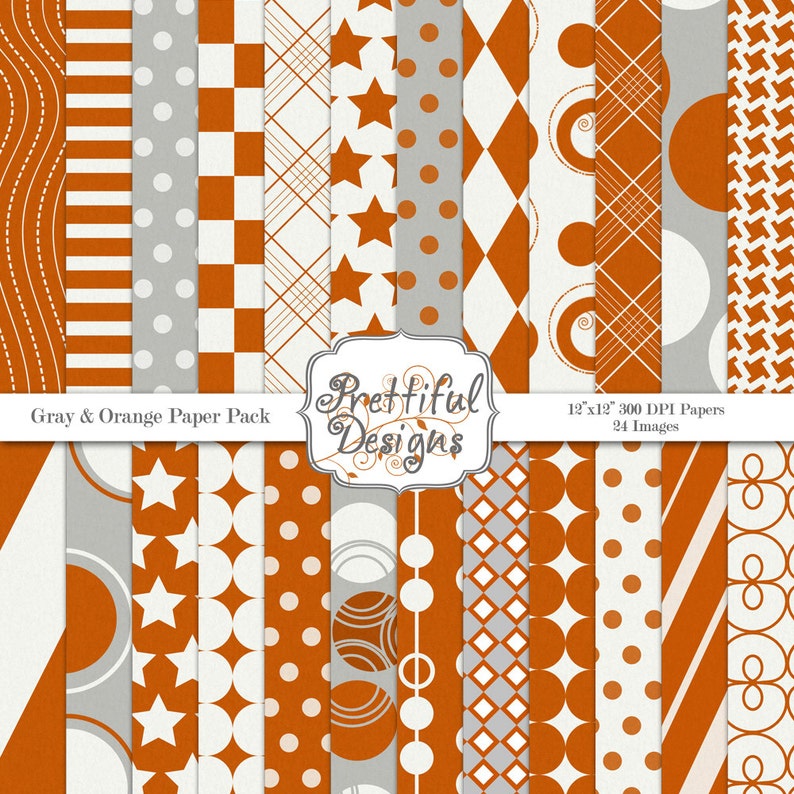 Sports Team Colors Digital Paper Pack Orange and Gray Commercial Use image 1