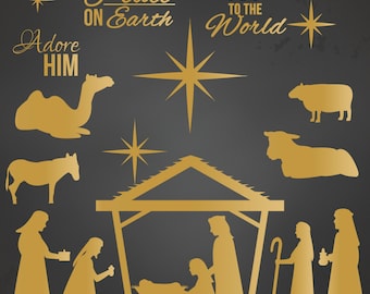 Nativity Silhouette Clip Art Christmas in Gold for Personal and Commercial Use