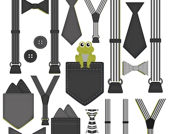 Boy Baby Clothing Accessories Clip Art Pocket Handkerchief Suspender Tie Bow Tie Clip Art Little Gentleman Black White Gray