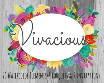 Watercolor Flower Clip Art Commercial Use 70 individual flowers, 4 Watercolour Floral Bouquet Clipart 2 Watercolor Invitations