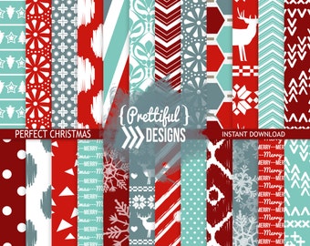 Christmas Paper Red, Blue and Slate Digital Paper Scrapbook Background Commercial Use - Perfect Christmas