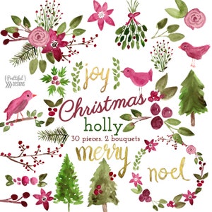 Christmas Watercolor Clip Art Commercial Use Red and Green Watercolor Christmas Clipart