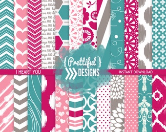 Teal Fuschia Digital Paper Pack Commercial Use - I Heart You