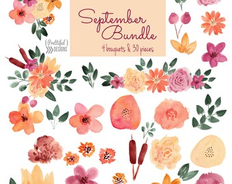 Autumn Watercolor Flower Clip Art Commercial Use Autumn Floral Clipart