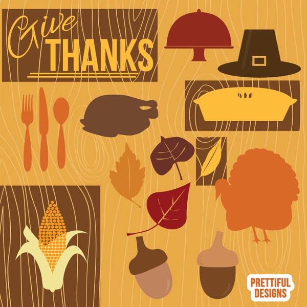 Thanksgiving Silhouette Clip Art Vector Files Turkey Corn Husk Acorn Leaves Pie Pilgrim Hat Give Thanks