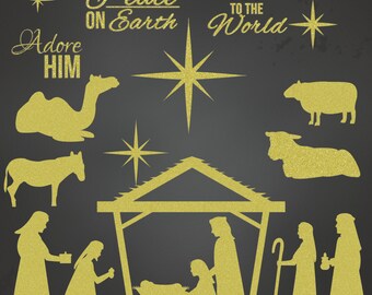 Christmas Nativity Silhouette Clip Art in Gold Glitter for Personal and Commercial Use