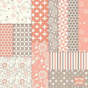 Digital Flower Background Pattern Paper Coral and Taupe  - Instant Download- Sarah Jane