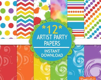 Artist Party Digital Paper Pack Rainbow Color Paper Chevron Tie Dye Paint Splotches