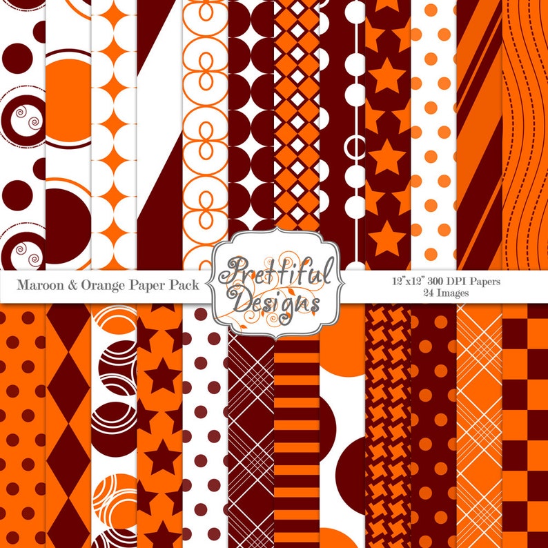 Sports Team Colors Digital Paper Pack Maroon and Orange image 1