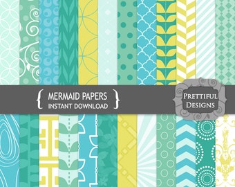 Mermaid Digital Paper Scrapbooking Printable Paper Pack Instant Download Blue Aqua Green Yellow