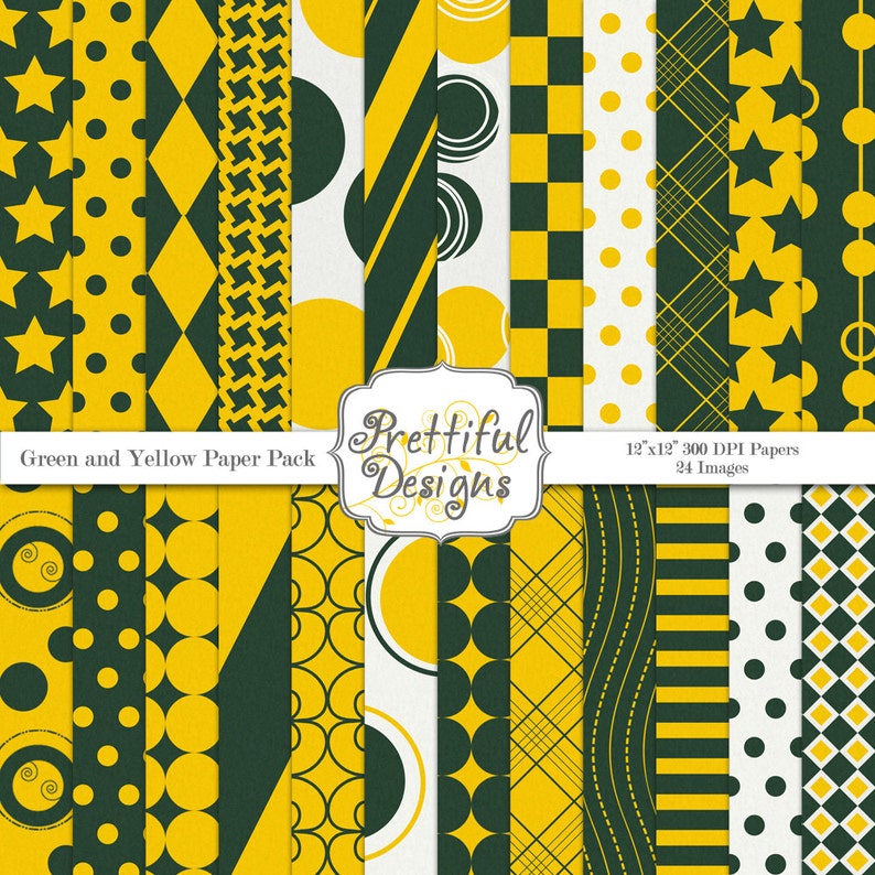 Green and Yellow Sports Team Colors Digital Paper Pack Commercial Use image 1