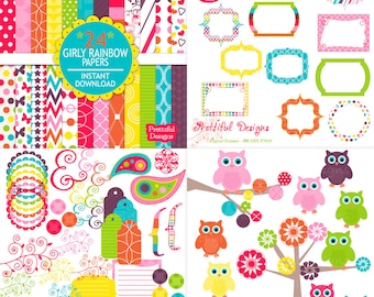 Digital Scrapbook Kit with Papers, Frames, Owls and Clip Art - Girly Rainbow