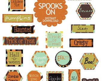 Halloween Labels Word Art Tags for Digital Scrapbook Party Decorations Cards - Spooks On