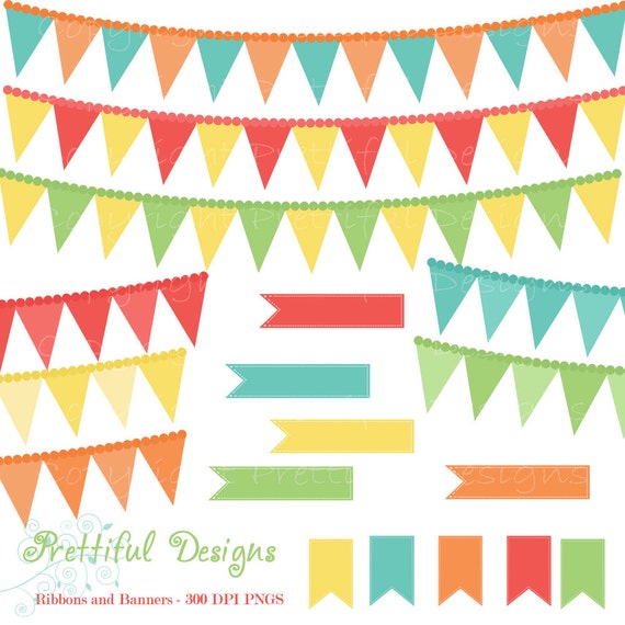 Clip Art Ribbon Banner Pendant Digital Clip Art Turquoise Coral