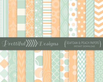 Digital Paper Seafoam and Peach Background Scrapbook Pattern - CU Ok