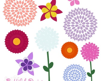Perennial Flower Clip Art - Dahlia, Gerbera Daisy, Hydrangea, Columbine, Phlox