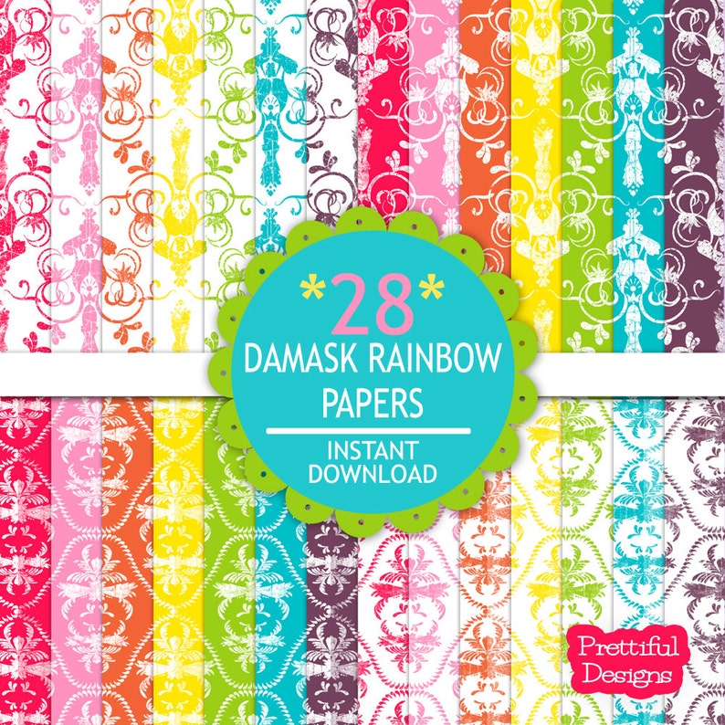 Damask Rainbow Digital Paper Pack Personal and Commercial Use image 1