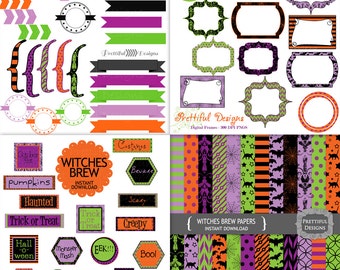 Halloween Kit Commercial Use Digital Scrapbook Kit Clipart Invitations Paper Goods Witches Brew