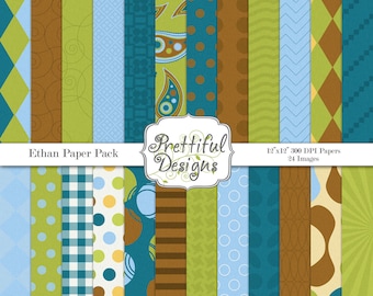 Camping Digital Paper Blue Green Brown Earth Tones