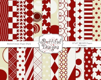 Sports Teams Colors Digital Paper Pack Red and Cream Personal and Commercial Use