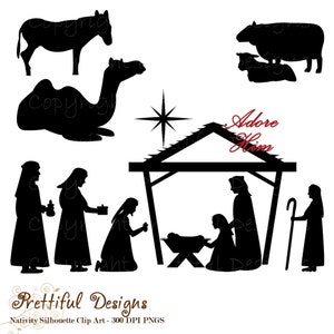 Christmas Nativity Silhouette Clip Art for Commercial Use  - Wise men Shepherd Animals Christmas Manger