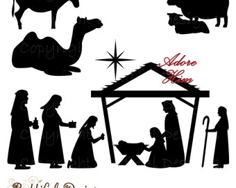 Navidad Natividad Silueta Clip Art para uso comercial - Hombres sabios Pastores Animales Pesebre de Navidad