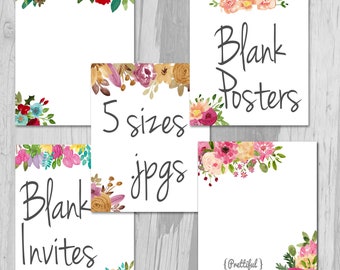 Blank Poster Blank Wedding Announcements Baby Shower Invitations Blank Fliers Watercolor Flowers