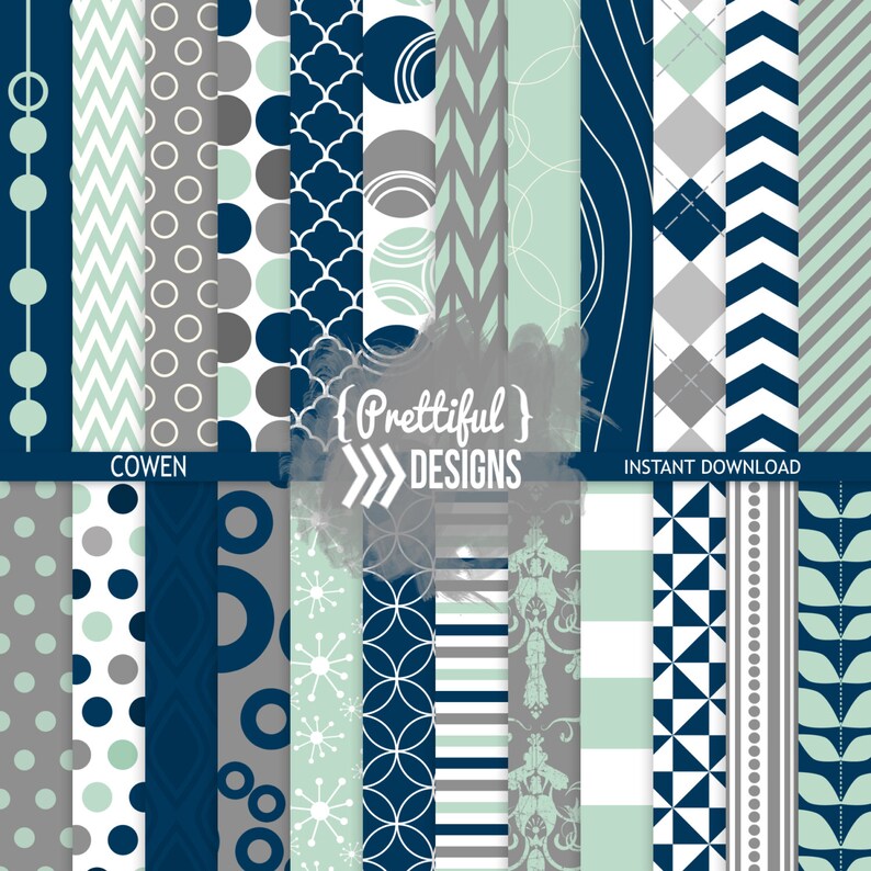 Navy Mint Gray Digital Paper Pack Backgrounds Cowen image 1