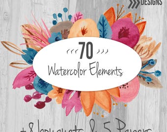 Watercolor Flower Clip Art Commercial Use 70 individual flowers, 8 Floral Bouquet ClipArt and 5 Digital Watercolor Papers