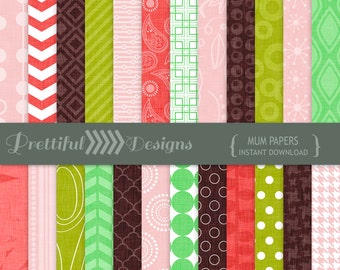 Digital Paper Pack  Commercial Use Pink Green and Brown