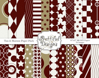 Sport Team Colors Digital Paper Pack  - Personal and Commercial Use - Tan and Maroon