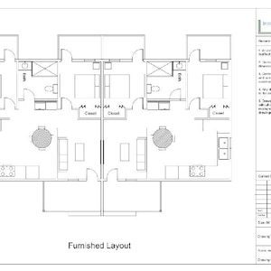 Pode incluir: Planta arquitetónica a preto e branco com a etiqueta "Furnished Layout". O desenho mostra um layout de duas unidades com quartos, casas de banho, armários e cozinhas. O plano inclui dimensões de 127 x 107 cm.