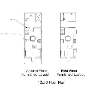 May include: A black and white architectural floor plan showing a 12x36 foot layout. The ground floor layout includes a bathroom, kitchen, dining area, and stacked washer and dryer. The first floor layout shows a bedroom and additional living space.