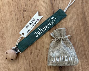 Catenella clip portaciuccio in cotone personalizzato con nome, compreso sacchetto personalizzato porta catenella