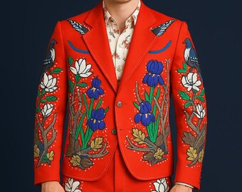 Men Bold Red 2pc Customized Designer Floral Bird Embroidered Western Country Cocktail Prom Outfit Cowboy party Wear Set