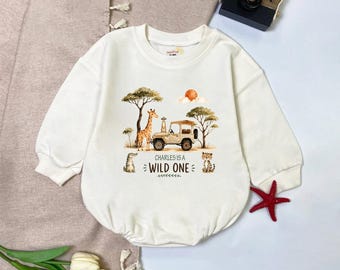 Personalized Wild One 1st Birthday Boy Outfit, Safari Jeep Bubble Romper, Earthy Jungle Sweatshirt Bodysuit, Neutral Animal First Bday