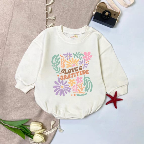 Love and Gratitude Baby Romper Retro Floral Infant Sweatshirt Bubble Romper Boho Toddler Clothes Hippie Baby Shower Gift Neutral Girl Outfit