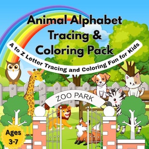 Libro de trazado del alfabeto y colorear animales / PDF imprimible de la A a la Z para niños / Hoja de práctica de escritura a mano