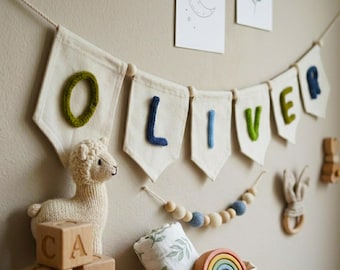 Custom Yarn Name Banner, Neutral Nursery Garland, Fabric Bunting, Baby Boy Decor