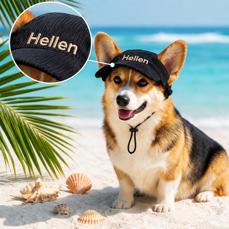 May include: A tri-color Corgi dog wearing a black visor hat with the word "Hellen" embroidered in gold. The dog is on a sandy beach with seashells and palm fronds. The dog has a black leash.