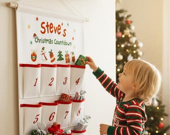 Calendrier de l'Avent en tissu, calendrier de compte à rebours de Noël suspendu 24 pochettes, décoration murale de Noël réutilisable pour enfants, cadeau de Noël personnalisé
