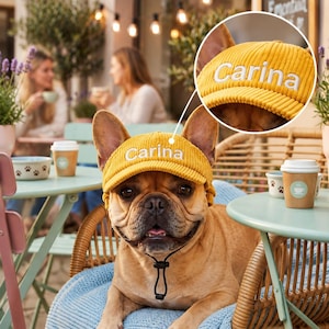 May include: A tan French Bulldog wearing a yellow corduroy cap with the name "Carina" embroidered in white. The dog is sitting on a blue blanket at a cafe table, with two people in the background.