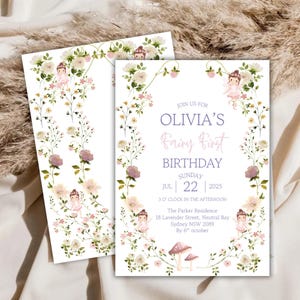 Editable Fairy First Birthday Invitation, Soft Pastel Floral 1st Birthday Party Printable Invite, Wildflower Fairy Garden Tea Party, FA10